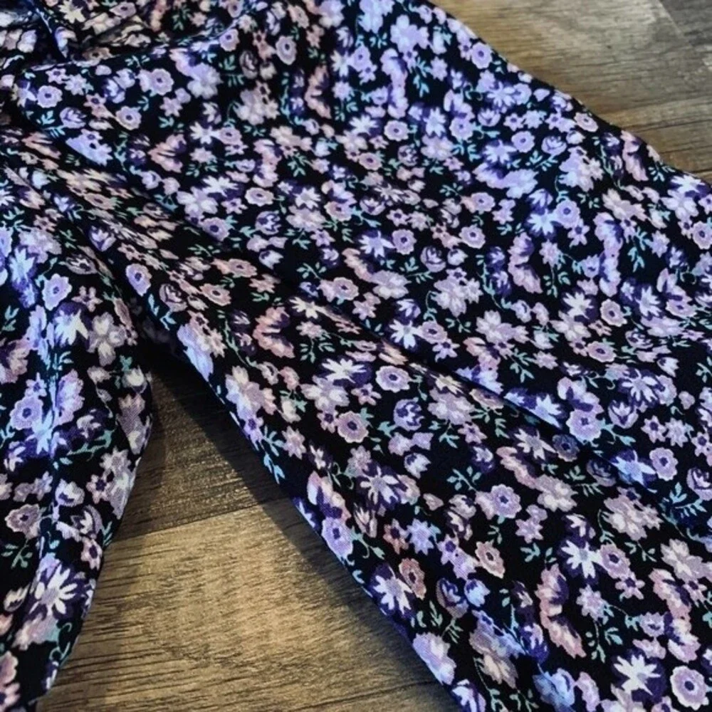 Zara Purple top floral long sleeve front drawstring size S boho bohemian